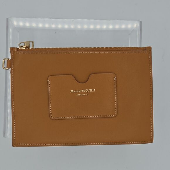 Alexander McQueen Handbags - Alexander McQueen Smooth Leather Zip Pouch Clutch Bag Camel Tan Brown Made Italy